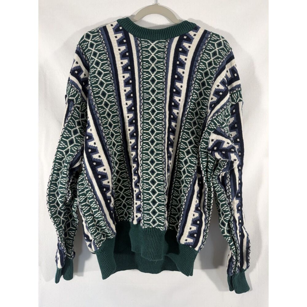 Vintage 90s Cotton Traders Men’s XL Green Blue Geometric Grandpa Sweater